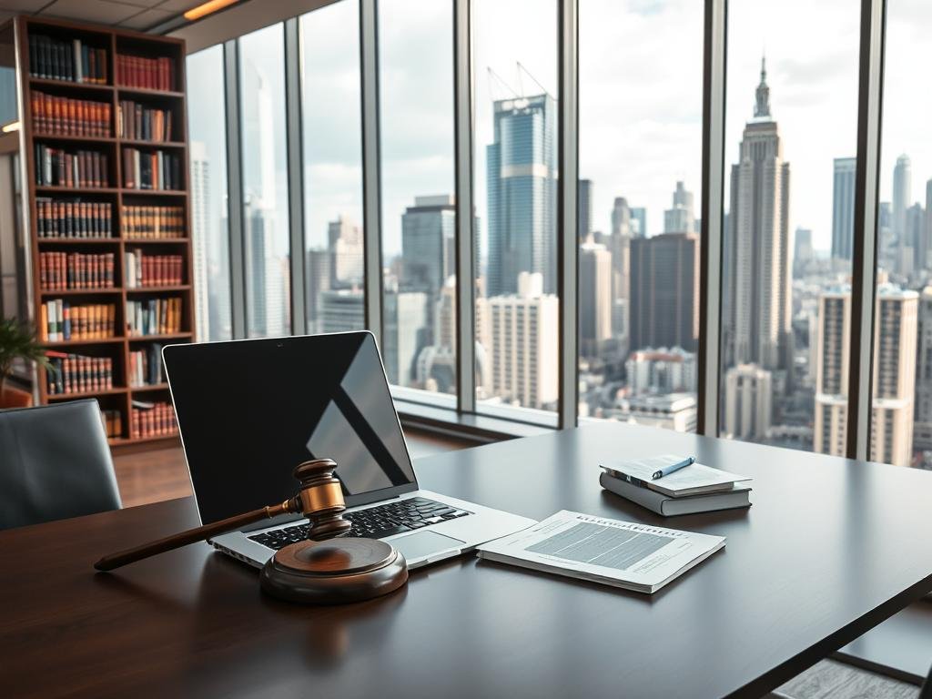 A sleek, modern office interior with large windows overlooking a bustling cityscape. In the foreground, a well-designed desk displays an open laptop, a stylized gavel, and a stack of legal documents, symbolizing the intersection of technology and consumer rights. The middle ground features a bookshelf filled with volumes on law and consumer protection, casting a warm, intellectual ambiance. The background showcases the cityscape, conveying a sense of the broader societal context in which consumer rights operate. The lighting is a harmonious blend of natural daylight and subtle, task-oriented illumination, creating a professional yet approachable atmosphere. The overall mood evokes a sense of empowerment, knowledge, and the importance of safeguarding consumer interests.