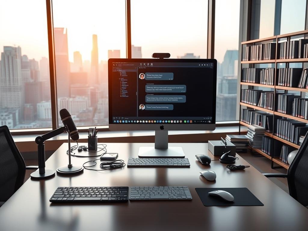 a sleek, modern office setting with a large desk showcasing various ai technologies for chatbots. in the foreground, a state-of-the-art computer monitor displays a chatbot interface, its conversational prompts visible on the screen. surrounding the desk are neatly organized peripherals, including a high-quality microphone, a stylish webcam, and a touchpad for intuitive interaction. the middle ground features shelves filled with books and technical manuals related to natural language processing, machine learning, and conversational ai. in the background, a large window overlooking a bustling cityscape, bathed in warm, diffused lighting, completes the scene, creating a sense of innovation and technological progress.