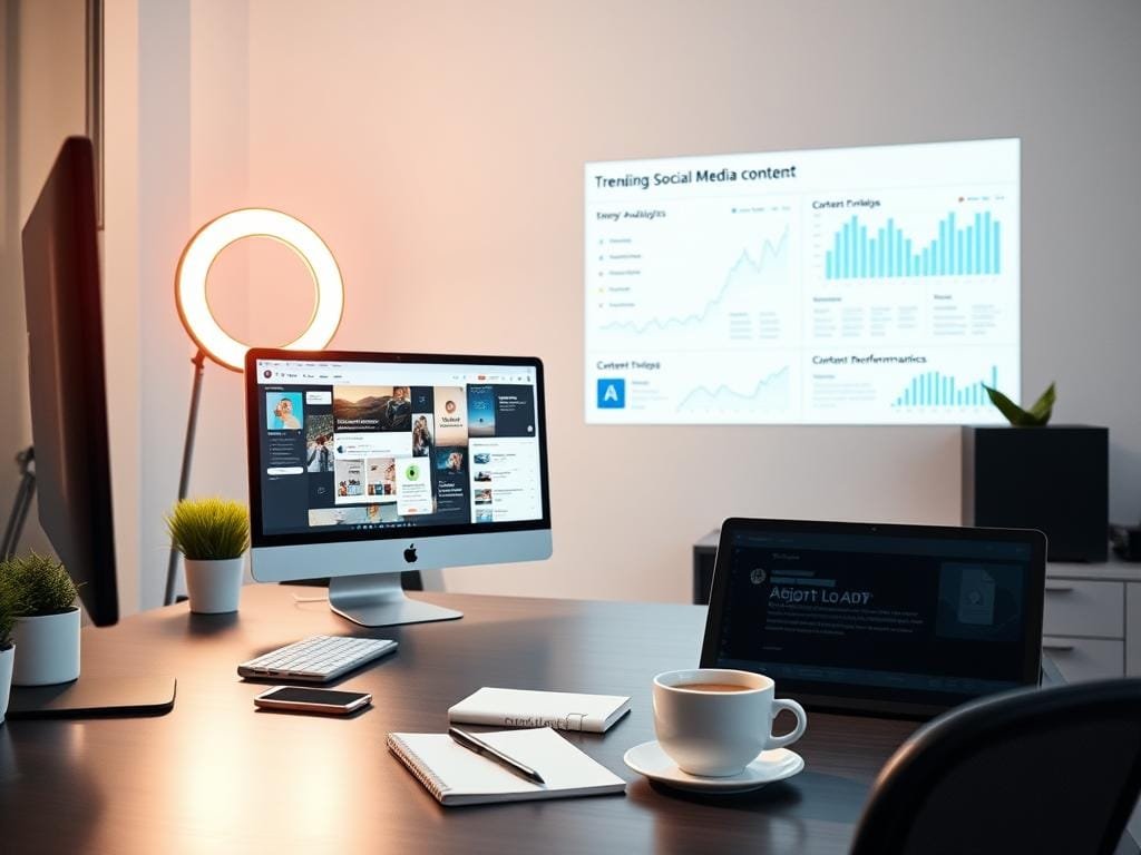 A sleek, modern office setting with an organized desk showcasing an array of content creation tools. In the foreground, a desktop computer and a tablet display various social media platforms, while a ring light casts a warm glow across the scene. The middle ground features a smartphone, a notepad, and a cup of coffee, all arranged neatly. In the background, a minimalist wall display highlights trending social media analytics and content performance metrics, creating an atmosphere of productive efficiency. The overall composition conveys the automation and streamlining of social media content curation and distribution.
