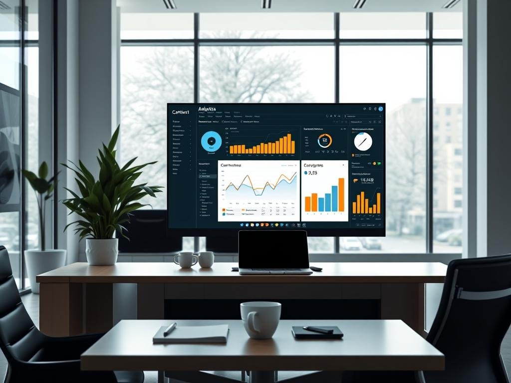 A sleek, modern office setting with minimalist decor. In the foreground, a large computer monitor displays a detailed dashboard with charts, graphs, and analytics data on content performance. The screen has a clean, intuitive interface with interactive elements. In the middle ground, a stylish desk with a laptop, notepad, and a cup of coffee, suggesting an analytical workflow. The background features floor-to-ceiling windows, allowing natural light to flood the space and create a sense of openness and productivity. The overall tone is one of efficiency, insightful data visualization, and a professional approach to content analysis.