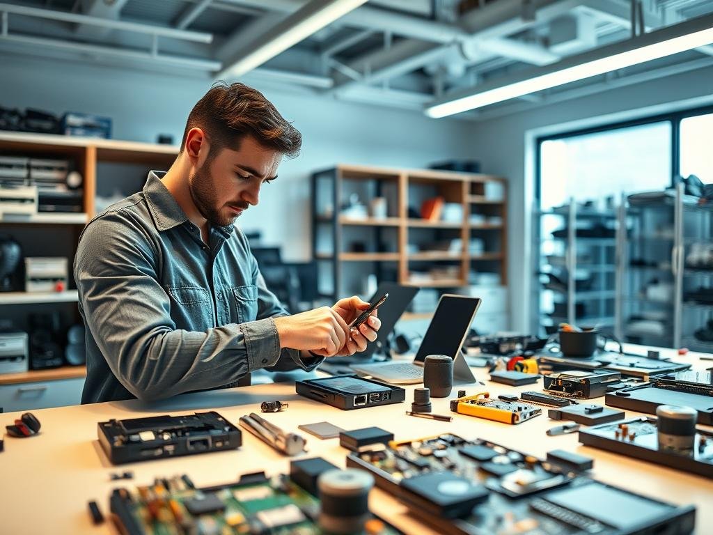 A sleek, modern office with a central workbench showcasing an array of disassembled electronic devices. Bright, diffused lighting illuminates the scene, casting a warm, productive atmosphere. In the foreground, a skilled technician examines a circuit board, their expression focused and intent. On the workbench, various tools and diagnostic equipment are neatly organized, hinting at a streamlined, cost-efficient repair process. The background features shelves stocked with replacement parts, underscoring the accessibility and affordability of AI-powered tech solutions. The overall composition conveys a sense of efficiency, innovation, and cost-savings - the core principles of optimizing tech repairs with AI.