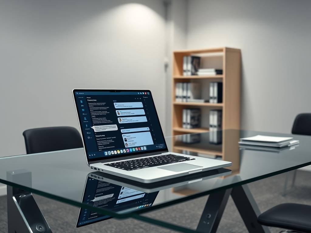 a sleek, modern office workspace with a stylish glass desk. on the desk, an open laptop displays various chat transcripts and data visualizations, representing the training process for an ai chatbot. soft, directional lighting from above illuminates the scene, casting subtle shadows and highlighting the details of the digital content. in the background, a minimalist bookshelf or shelving unit holds reference materials and technical manuals, hinting at the extensive research and preparation involved in building a capable conversational ai. the overall atmosphere is one of focused productivity, with a sense of innovation and technology-driven progress.