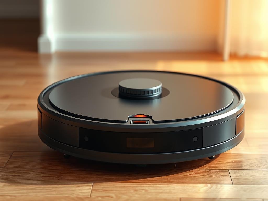 a sleek, modern robot vacuum cleaner resting on a clean, hardwood floor, its advanced features prominently displayed. the device's elegant, minimalist design is bathed in warm, diffused lighting, casting subtle shadows that accentuate its contoured shape and smooth surfaces. in the middle ground, the vacuum's advanced sensor array is visible, with an array of infrared, lidar, and camera modules that enable efficient navigation and mapping. the background fades into a softly blurred, neutral-toned interior, creating a sense of focus and emphasis on the vacuum's key technological capabilities.