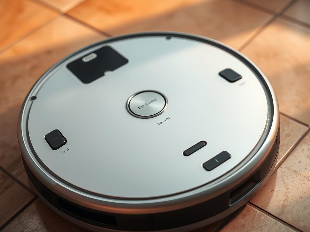 a sleek, modern robot vacuum cleaner rests on a tiled floor, its sensors visible and prominently displayed. the device is bathed in warm, diffused lighting, casting soft shadows that accentuate its contours. the sensors, located strategically across the body, appear as an array of small, circular components, some protruding slightly, others flush with the surface. the overall scene conveys a sense of technological sophistication and attention to detail, inviting the viewer to examine the intricate workings of this essential home cleaning appliance.