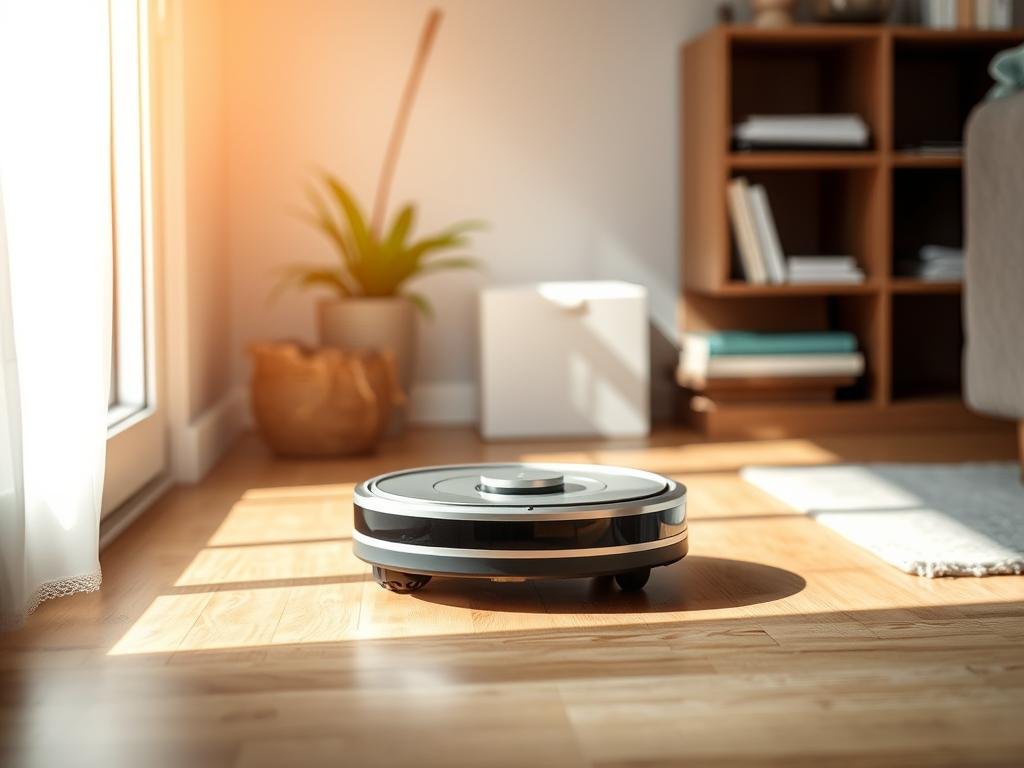 a sleek, modern robot vacuum cleaner stands on a hardwood floor, its sensors carefully examining the surface for debris. soft natural lighting filters in through a nearby window, casting a warm glow on the machine's minimalist, chrome-accented design. in the background, household objects like a potted plant and a stack of books provide a cozy, domestic setting, hinting at the vacuum's role in maintaining a tidy, well-kept home. the image conveys a sense of quiet problem-solving, as the vacuum diligently scans its environment, ready to tackle any troublesome dust or dirt that may have eluded its previous cleaning pass.