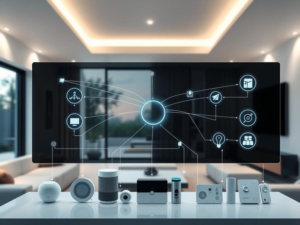 a sleek, modern smart home interior with a central control panel displaying a network connectivity diagram. soft ambient lighting from recessed ceiling fixtures illuminates the minimalist furniture and clean white walls. in the foreground, various smart devices - a voice assistant, thermostat, security camera, and lighting controls - are neatly arranged, their connections visualized by glowing lines across the panel. the background showcases a large window overlooking a serene, technology-enabled outdoor space. the overall scene conveys a sense of seamless, reliable connectivity powering a sophisticated, fully integrated smart home system.
