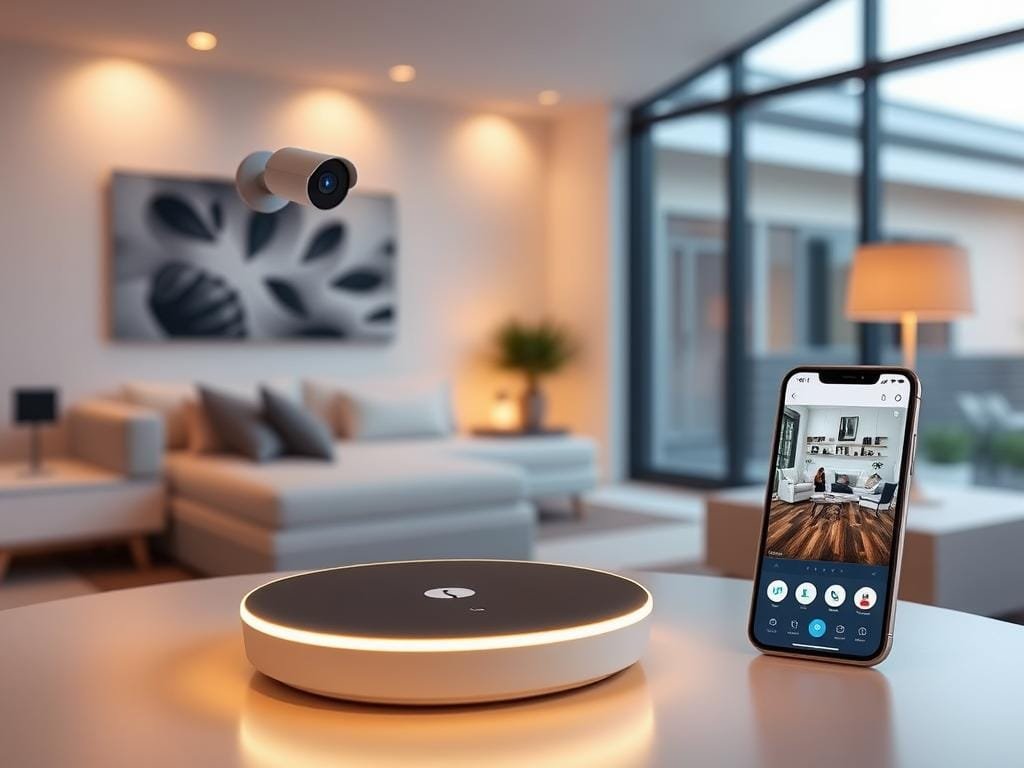 A sleek, modern smart home security system with a central control hub, discreet cameras, and intuitive mobile app. In the foreground, the hub glows softly, blending seamlessly into the minimalist decor. Cameras mounted on the walls capture the living space in crisp detail, their low-profile design ensuring they don't disrupt the aesthetics. In the background, the home's exterior is visible through large windows, suggesting a sense of safety and security. The lighting is warm and inviting, creating a cozy atmosphere. The overall impression is of a technologically advanced, yet elegantly integrated home security solution that enhances the living experience without compromising style.