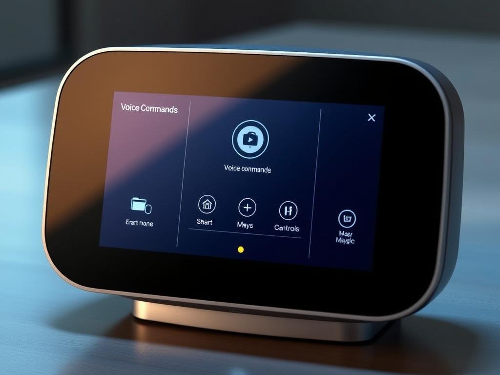 A sleek, modern smart speaker interface design, featuring a minimalist display with clean typography and intuitive icons. The screen is backlit with a soft, ambient glow, creating a welcoming and sophisticated atmosphere. The interface layout is well-organized, with clear sections for voice commands, smart home controls, and media playback. Subtle animations and haptic feedback enhance the user experience, making it intuitive and responsive. The device is rendered in a metallic finish, complemented by a seamless glass panel that reflects the lighting in the room. The overall aesthetic is both high-tech and visually appealing, perfectly suited for the "Do It Yourself: Build a Smart Voice Assistant with AI" article's "Designing Your Voice Assistant's Interface" section.