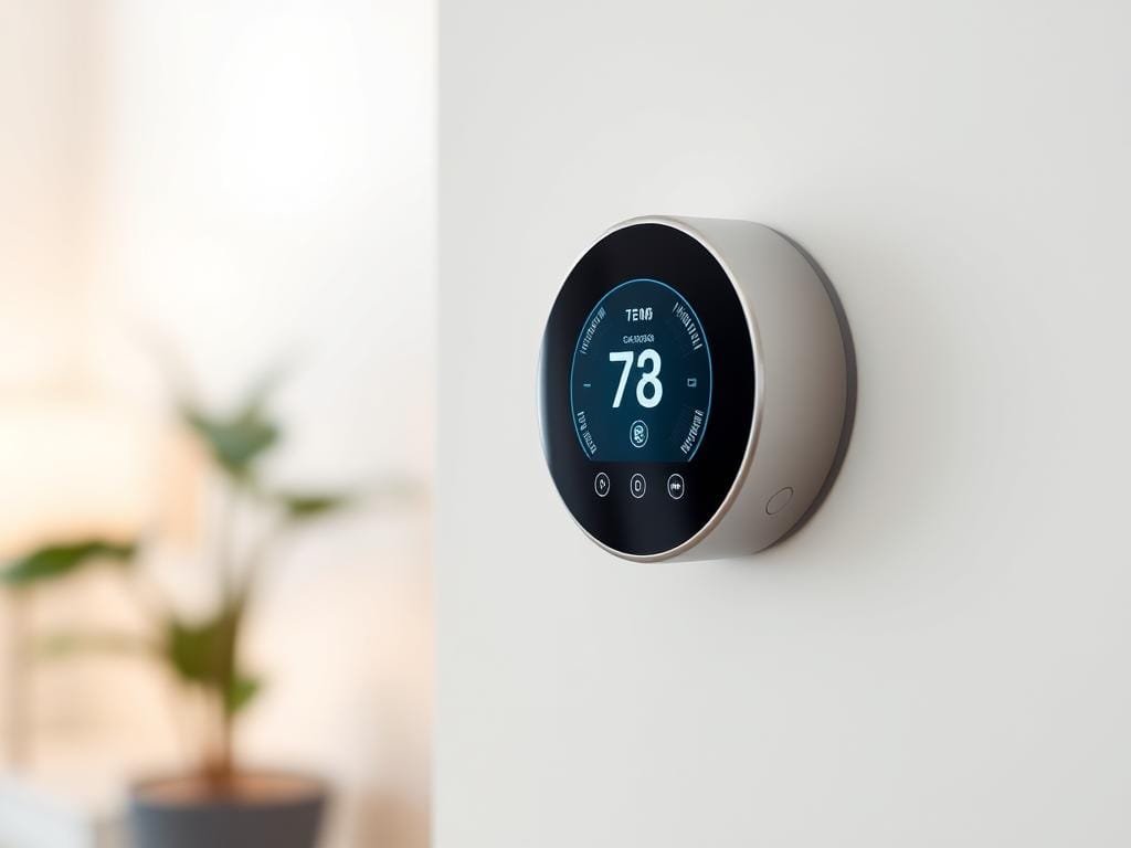 A sleek, modern smart thermostat mounted on a minimalist white wall, its LED display illuminated with intuitive temperature and climate controls. The device features a rounded, futuristic design with touch-sensitive buttons and sensors, seamlessly integrated into the home's décor. Soft, diffused lighting emanates from the thermostat, creating a warm, inviting ambiance. The background is blurred, emphasizing the thermostat as the central focus, showcasing its role in an energy-efficient, automated home climate system.