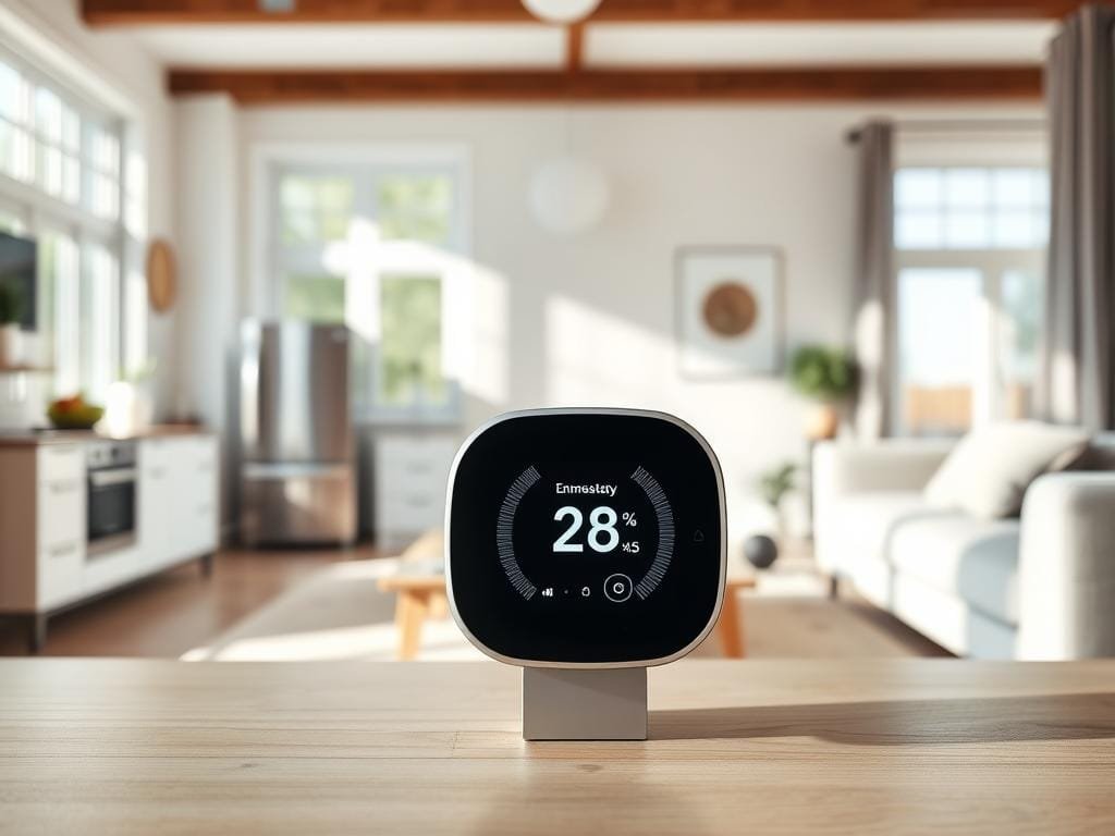 A sleek, modern smart thermostat takes center stage, its digital display showcasing real-time energy consumption data. The device is set against a backdrop of a cozy, minimalist living room, with soft natural lighting filtering through large windows. Subtle energy-efficient appliances and smart home devices can be glimpsed in the middle ground, seamlessly integrated into the room's design. The overall atmosphere conveys a sense of comfortable, tech-savvy living, where smart home technology helps optimize energy usage and reduce costs.