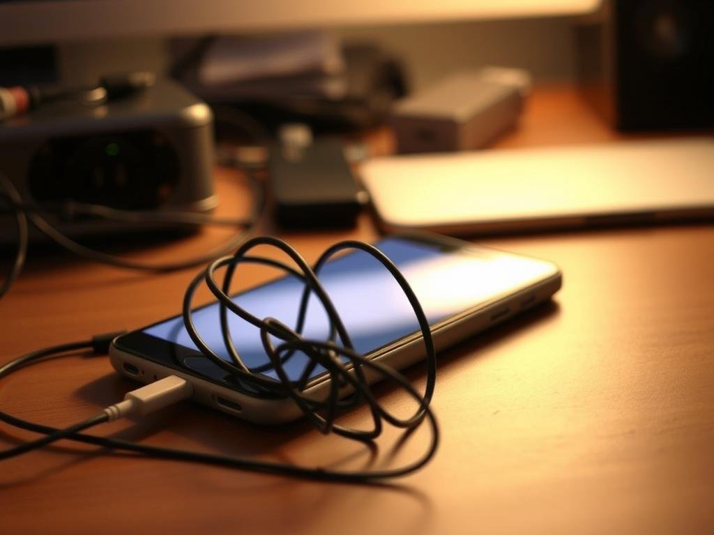 a sleek, modern smartphone rests on a cluttered desk, its screen dimly lit, signaling an impending power drain. the charging cable snakes across the surface, tangled and twisted, hinting at repeated failed attempts to restore its battery. the scene is bathed in a soft, warm light that creates a sense of frustration and unease, mirroring the user's struggle to keep their device powered. the background is slightly out of focus, emphasizing the central issue at hand - the phone's charging woes. the composition suggests a sense of disorganization and technological hiccups, capturing the essence of the "potential causes of charging problems" section.