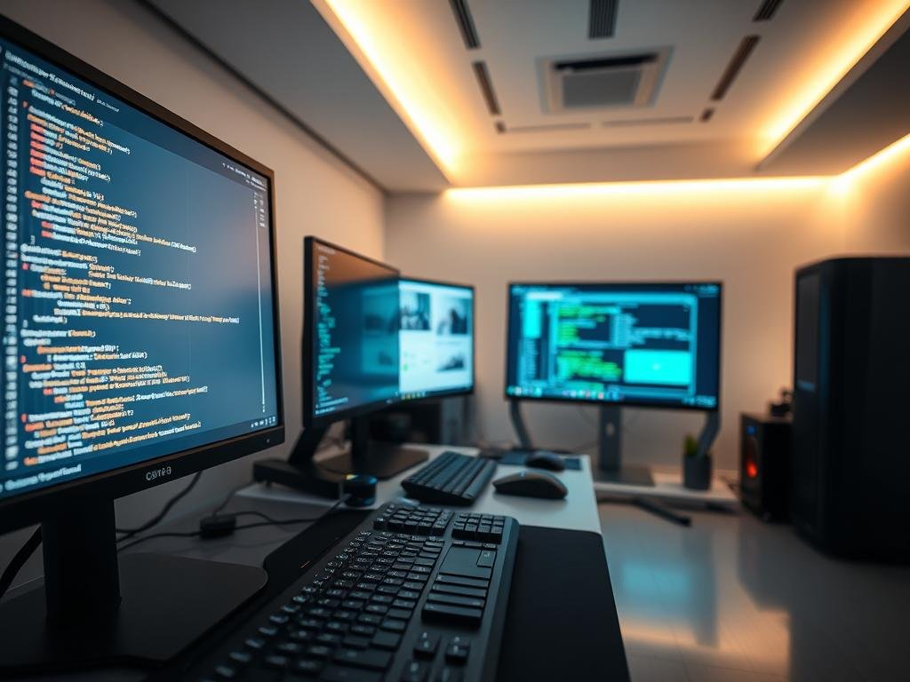 a sleek, modern software development environment with a focus on ai chatbot creation. in the foreground, a large, high-resolution display showcases a coding interface with nested directories, lines of code, and debugging tools. in the middle ground, a sophisticated array of computer peripherals, including a state-of-the-art keyboard, mouse, and a powerful desktop workstation. the background features a minimalist, well-lit workspace with clean lines, subtle accent lighting, and a subtle, futuristic ambiance. the overall scene conveys a sense of focus, efficiency, and the cutting edge of conversational ai development.