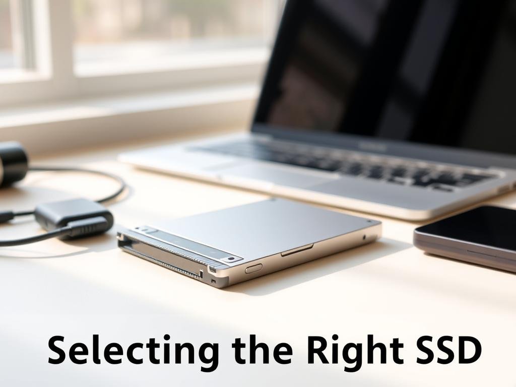 a sleek, modern solid-state drive (ssd) sits prominently on a minimalist, light-colored desk, its sharp edges and metallic sheen catching the soft, diffused lighting from a large window. the ssd is surrounded by a few complementary tech accessories, hinting at its role in a diy laptop upgrade. the image has a clean, technical aesthetic, emphasizing the ssd's advanced features and suitability for boosting the performance of an older laptop. the composition draws the viewer's eye to the ssd, making it the focal point and visually aligning with the "selecting the right ssd" section title.