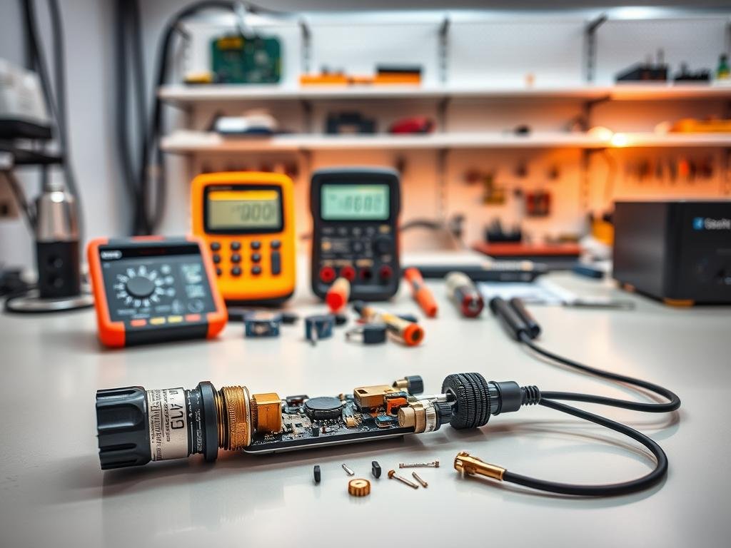 A sleek, modern workbench with an array of precision tools and equipment. In the foreground, a disassembled proximity sensor lies open, its intricate components illuminated by warm task lighting. The middle ground features a digital multimeter and a selection of spare parts, conveying a sense of methodical troubleshooting. In the background, a clean, well-organized workspace with shelves of neatly arranged electronic components, conveying a professional, problem-solving atmosphere. The overall scene suggests a focused, step-by-step approach to diagnosing and repairing a malfunctioning proximity sensor.