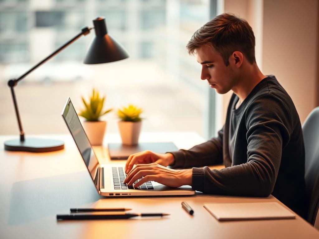 A sleek, modern workspace with a minimalist desk featuring a laptop, a stylish lamp, and a potted plant. In the foreground, a focused writer working intently on the laptop, their fingers dancing across the keyboard. The background is blurred, creating a sense of depth and emphasis on the writing tools. Warm, natural lighting casts a soft glow, evoking a productive and creative atmosphere. The entire scene exudes an air of efficiency and inspiration, perfectly capturing the essence of AI-powered writing assistance.