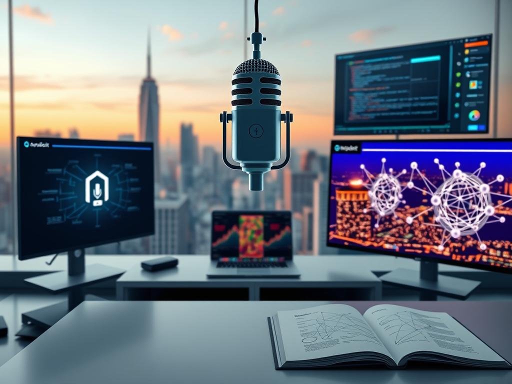 A sleek, modern workspace with an array of AI frameworks for voice assistants displayed on various digital screens. In the foreground, a stylized microphone hovers, symbolizing the heart of the voice technology. The middle ground features a clean, minimalist desk with a laptop and an open book showcasing complex neural network diagrams. In the background, a cityscape with towering skyscrapers and a vibrant skyline sets the stage for this cutting-edge technological landscape. The lighting is soft and diffused, creating a sense of sophistication and innovation. The overall mood is one of efficiency, precision, and the limitless potential of AI-powered voice assistance.