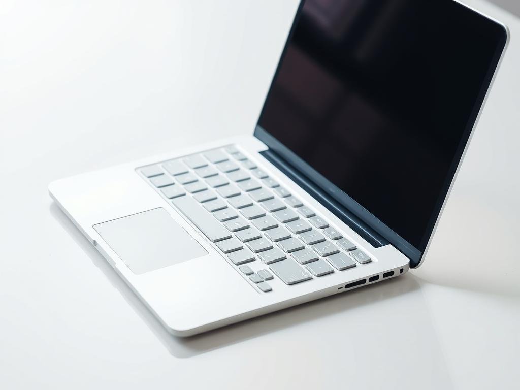 a sleek, silver laptop rests on a clean, white desk, its screen dark and keyboard illuminated. the keys are crisp and clean, ready for a thorough testing. soft, directional lighting casts subtle shadows, highlighting the contours of the keys and creating a professional, focused atmosphere. the camera is positioned slightly above the keyboard, capturing a clear, high-quality view of the test subject. the background is minimalist, allowing the laptop and keyboard to be the central focus of the image.