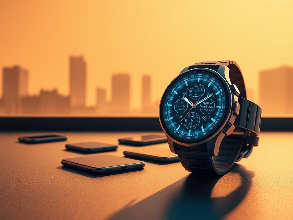 A sleek, stylized scene depicting the contrast between AI-powered wearables and traditional smartphones. In the foreground, a futuristic smartwatch with a holographic display and advanced sensors dominates the frame, its streamlined design and glowing interface radiating a sense of technological prowess. In the middle ground, a group of smartphones lie scattered, their screens dark and outdated compared to the wearable's cutting-edge capabilities. The background is a minimalist cityscape, hinting at the integration of these wearable devices into the urban landscape. Warm, directional lighting casts dramatic shadows, emphasizing the sharp silhouettes and clean lines of the devices. The overall mood is one of innovation, progress, and the dawn of a new era in personal computing and connectivity.