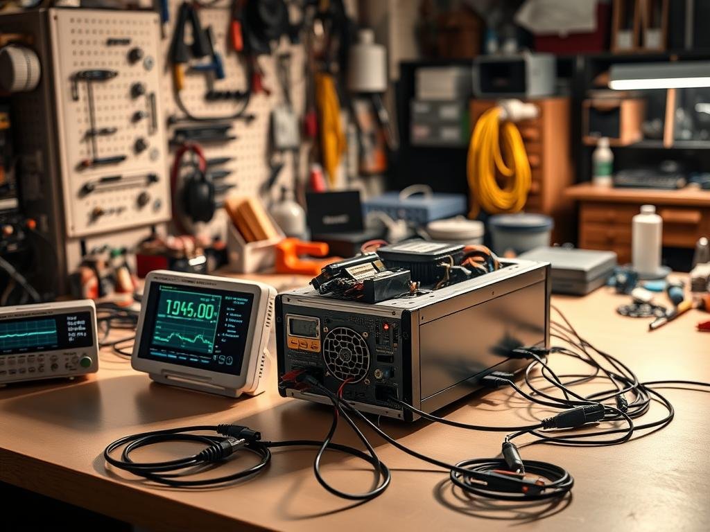 a sleek, well-lit workbench with a power supply unit (psu) undergoing rigorous testing. in the foreground, precision digital multimeters and oscilloscopes display vital performance metrics. the psu, its internal components visible, sits atop the workbench, surrounded by an array of cables and connectors. soft, directional lighting casts dramatic shadows, highlighting the technical details. in the background, a cluttered workshop filled with tools and spare parts, conveying a sense of dedicated experimentation. the overall mood is one of focused professionalism, as the engineer meticulously examines the psu to ensure its reliable and efficient operation.