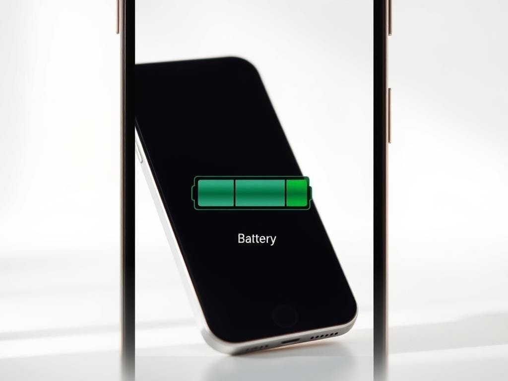 A smartphone display with a battery life indicator that shows the battery level gradually decreasing over time. The foreground features a high-quality, detailed smartphone in a sleek, modern design, positioned at a slight angle and illuminated by soft, natural lighting. The middle ground shows the battery life indicator gradually draining from full to nearly empty, with the percentage displayed. The background is a plain, minimalist setting, allowing the smartphone and battery life to be the focus of the image. The overall mood is one of functionality and practicality, conveying the importance of battery life for camera usage.