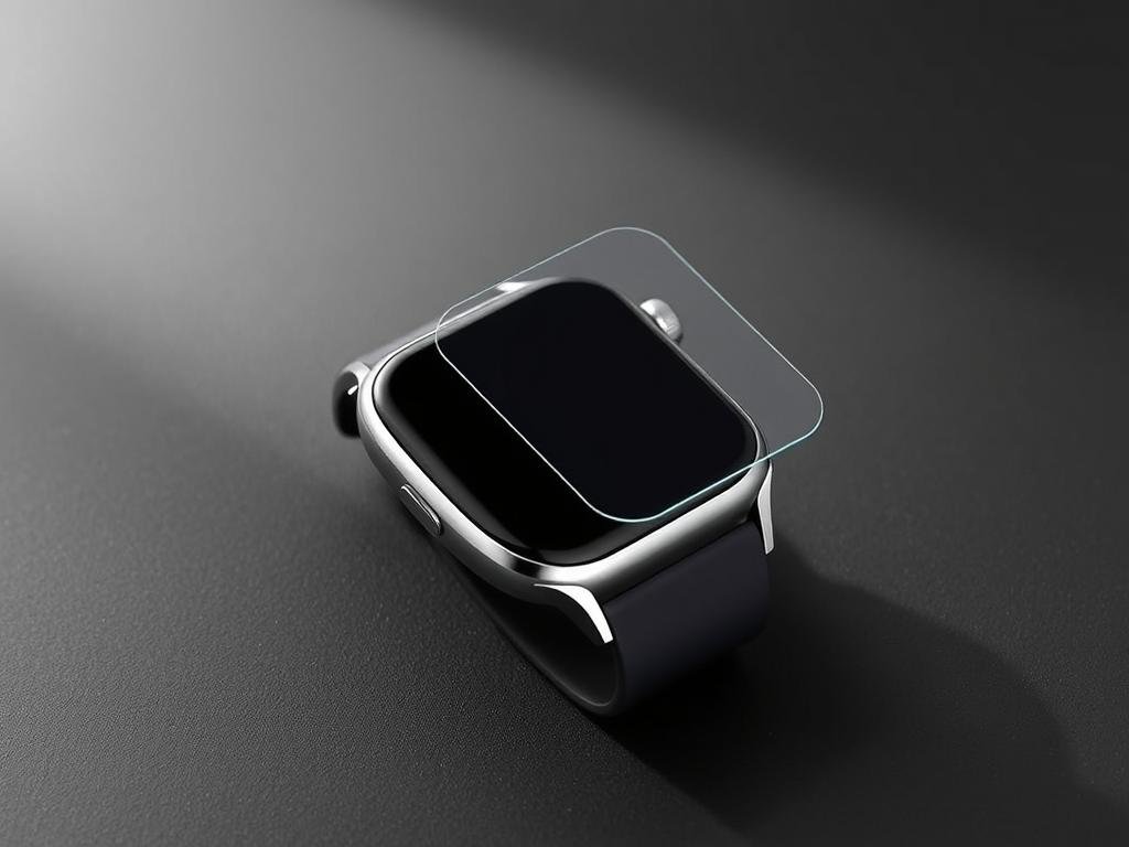 a smartwatch screen protector made of high-quality tempered glass, resting on a minimalist, matte black background. the protector has a subtle, silver metallic trim and a glossy, scratch-resistant surface. soft, directional lighting from the top left creates a sleek, modern atmosphere, highlighting the protector's refined edges and clean design. the image conveys a sense of durability, protection, and attention to detail - crucial elements for maintaining the longevity and performance of a smartwatch. a smartwatch screen protector made of high-quality tempered glass, resting on a minimalist, matte black background. the protector has a subtle, silver metallic trim and a glossy, scratch-resistant surface. soft, directional lighting from the top left creates a sleek, modern atmosphere, highlighting the protector's refined edges and clean design. the image conveys a sense of durability, protection, and attention to detail - crucial elements for maintaining the longevity and performance of a smartwatch.