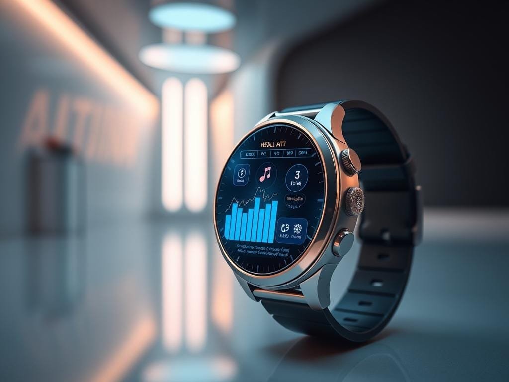 A smartwatch with a bright, holographic display showcases a range of health tracking features. In the foreground, a sleek, metallic device displays crisp graphs and data visualizations, providing real-time insights into the wearer's heart rate, blood oxygen levels, and exercise activity. The middle ground features an array of intuitive touch controls and fitness modes, allowing the user to seamlessly navigate through the device's comprehensive wellness suite. In the background, a subtle, futuristic environment evokes a sense of advanced technology, with soft, ambient lighting and clean, minimalist design elements. The overall mood is one of sophistication, functionality, and a deep commitment to personal health and well-being.