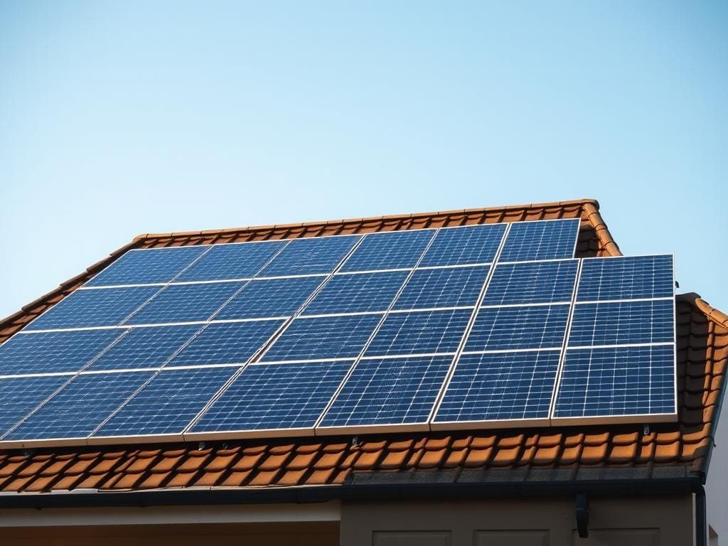 A solar panel installation on the rooftop of a modern, two-story house, with a clear blue sky in the background. The panels are neatly arranged in rows, casting sharp shadows on the roof's surface. The installation is well-integrated into the home's architecture, with the panels seamlessly blending in. Warm, diffused sunlight illuminates the scene, creating a sense of energy and sustainability. The camera angle is slightly elevated, allowing for a clear view of the entire setup, showcasing the efficient and organized layout of the solar panels.