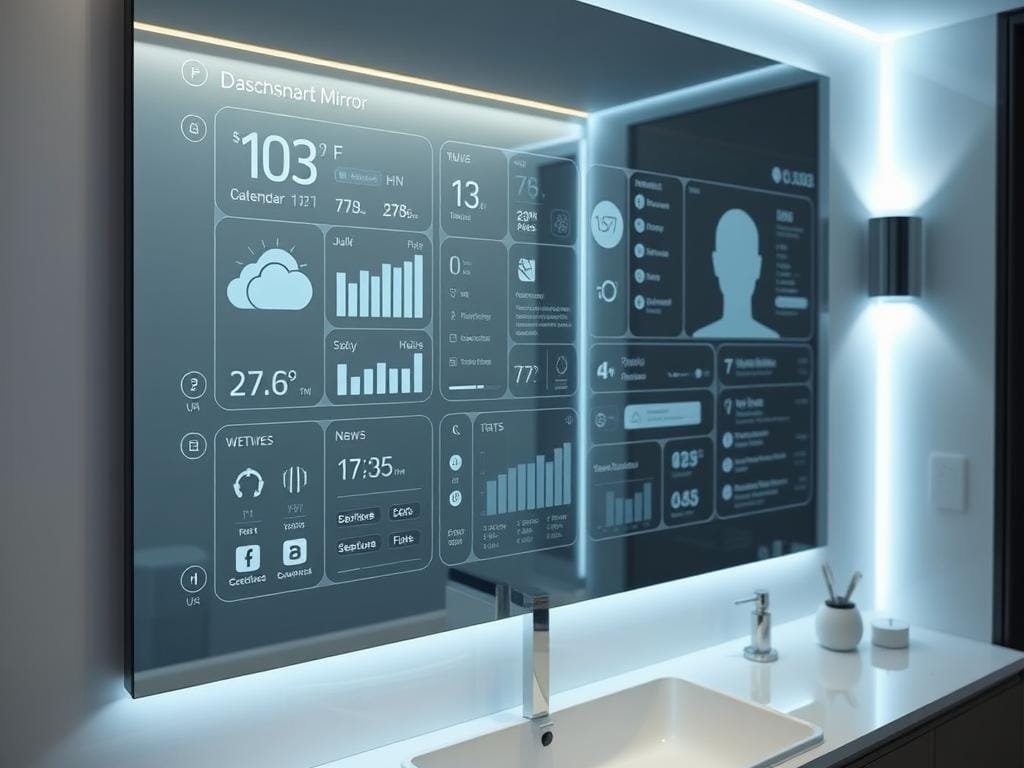 A sophisticated, highly customizable smart mirror interface with a clean, minimalist design. Sleek glass surface reflects the user's image, overlaid with a translucent digital dashboard. Intuitive touch controls allow seamless navigation through weather, calendar, news, and smart home settings. Soft, ambient lighting gently illuminates the scene, creating a serene, futuristic atmosphere. The interface is highly personalized, with the user's preferred widgets, colors, and layouts. A sense of elegant simplicity, blending the physical and digital realms for a truly immersive smart home experience.