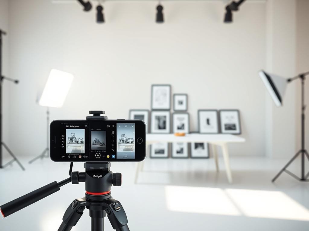 A spacious, well-lit studio setting with a clean, minimalist aesthetic. In the foreground, a sleek smartphone mounted on a sturdy tripod, its screen displaying various Instagram post sizes. In the middle ground, a collection of framed social media templates and mockups arranged neatly on a white table. The background features a subtle gradient of soft, pastel colors, creating a calming and professional atmosphere. Bright, diffused lighting illuminates the scene, casting gentle shadows and highlighting the details of the various elements. The overall composition conveys a sense of order, experimentation, and the importance of visual presentation on social media platforms.