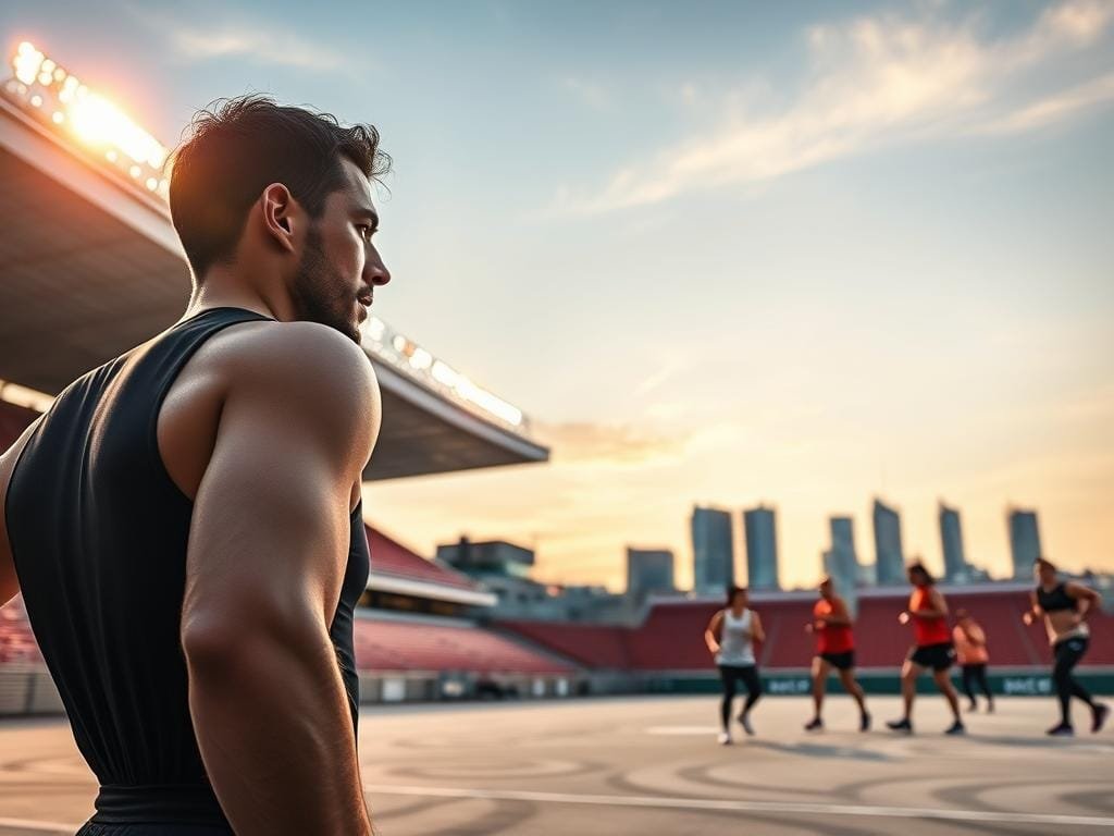 A sports stadium at dusk, with the sun casting a warm glow over the arena. In the foreground, an athlete wearing a sleek, futuristic-looking wearable device, its sensors monitoring their vital signs and movement data. The device seamlessly integrates with their smart sports apparel, tracking their performance and providing real-time feedback on their training. In the middle ground, a group of athletes engage in various workout routines, their movements enhanced by the cutting-edge wearable tech they wear. The background features a skyline of modern skyscrapers, suggesting the urban setting and the integration of this technology into everyday life. The overall atmosphere conveys a sense of advanced technology, athletic prowess, and the future of fitness.