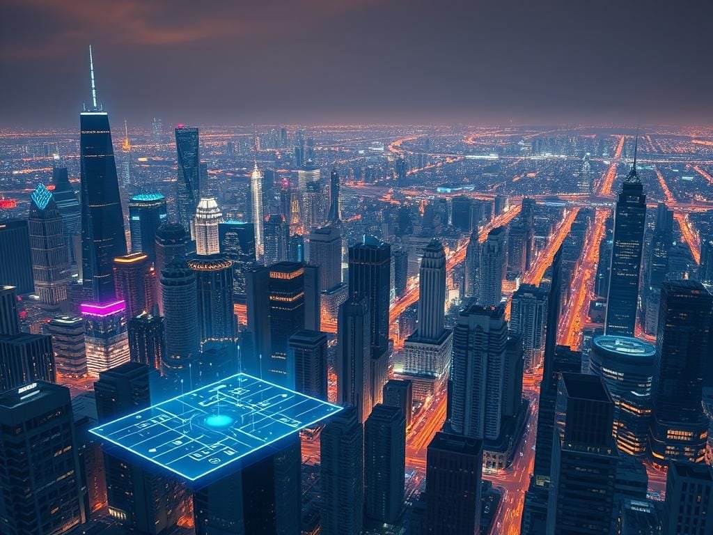 A sprawling cityscape, its towering skyscrapers and bustling streets illuminated by a vibrant digital overlay. In the foreground, a holographic panel displays a complex web of interconnected data streams, representing the intricate regulatory frameworks governing digital identity. Sleek, minimalist interfaces float amidst the urban landscape, inviting interaction and highlighting the delicate balance between personal privacy and technological progress. The scene is bathed in a cool, futuristic glow, conveying the sense of a world on the cusp of a transformative digital era, where blockchain technology promises to reshape the very foundations of identity and self-determination.