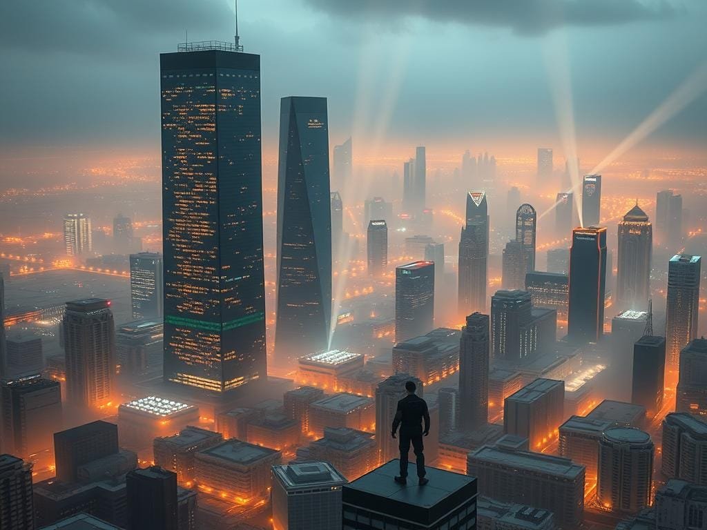 A sprawling cityscape of gleaming skyscrapers shrouded in a haze of data security protocols. In the foreground, a towering firewall stands sentinel, its intricate circuitry pulsing with vigilance. Scattered across the scene, clusters of encrypted servers hum with the weight of sensitive information, their cooling systems whirring to maintain optimal performance. Beams of light from surveillance cameras sweep the landscape, scanning for any signs of unauthorized access. Amidst the technological ramparts, a lone figure in a cybersecurity uniform patrols the perimeter, ever-watchful for the slightest breach. The atmosphere is one of uncompromising protection, a fortress against the ever-evolving threats of the digital realm.
