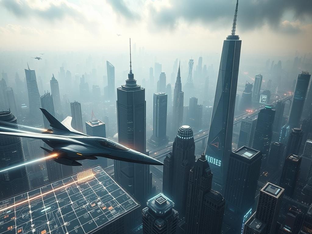 A sprawling cityscape of towering skyscrapers and gleaming spires, bathed in an ethereal glow from advanced holographic displays. In the foreground, futuristic vehicles soar through the air, their sleek designs and pulsing energy fields creating a mesmerizing spectacle. The middle ground is filled with intricate holographic interfaces, where data and information dance and swirl, seamlessly integrated with the urban landscape. The background is shrouded in a hazy, shimmering atmosphere, hinting at the technological wonders that lie beyond the visible realm. Dramatic lighting casts deep shadows and highlights the sharp, angular forms, evoking a sense of technological grandeur and innovation.