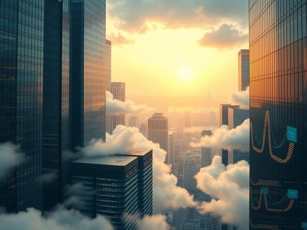 a sprawling cityscape of towering skyscrapers, their glass facades reflecting the ever-changing digital landscape. in the foreground, a data center stands as a testament to the power of cloud computing, its sleek design and glowing lights hinting at the vast information networks that converge within. swirling around the buildings, clouds of data drift and morph, visualizing the constant flow of information that powers our modern, interconnected world. a warm, diffused light illuminates the scene, casting a sense of technological sophistication and progress. in the distance, a horizon of emerging technologies - from ai-powered analytics to edge computing - hint at the future direction of cloud computing trends.