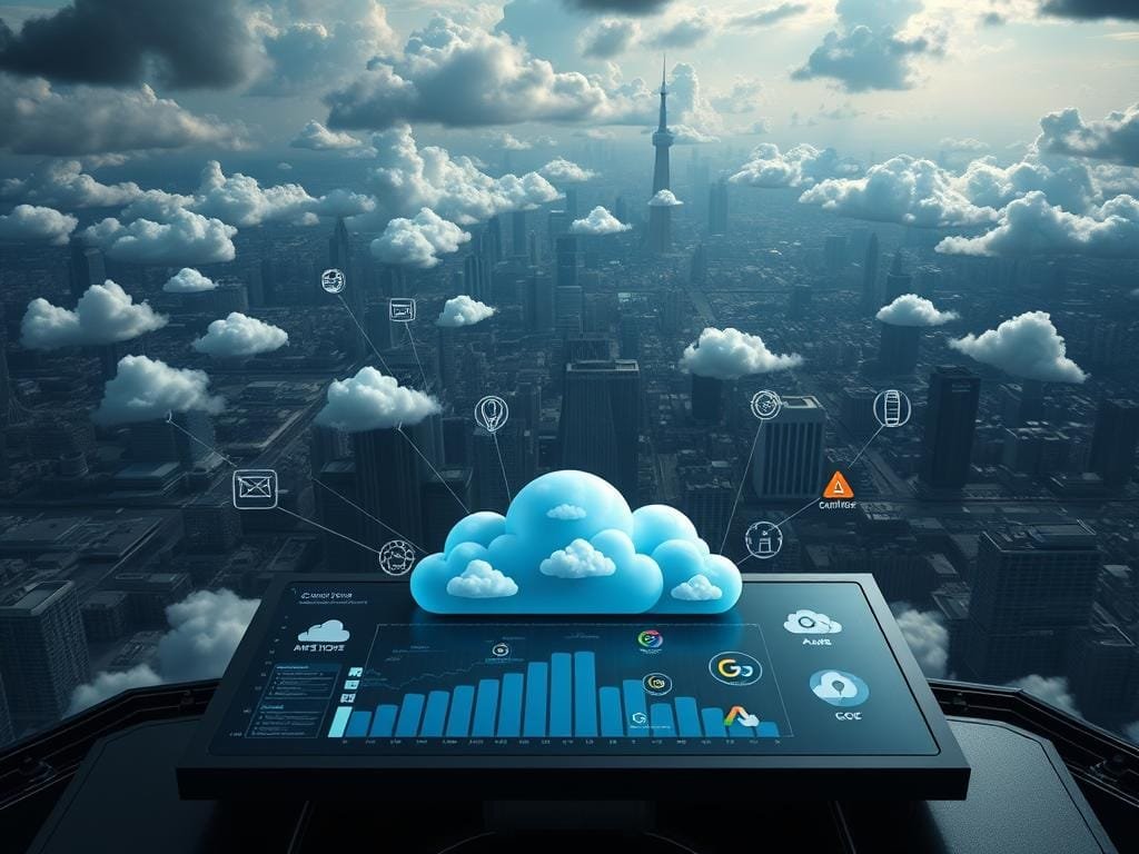 A sprawling cloud computing landscape, with diverse cloud platforms and services seamlessly integrated. In the foreground, a central control panel oversees the interconnected ecosystem, displaying real-time data and analytics. In the middle ground, various cloud icons - AWS, Azure, GCP, and others - converge, showcasing the multi-cloud approach. The background features a dynamic, futuristic cityscape, symbolizing the ubiquity of cloud computing. Dramatic lighting casts long shadows, creating a sense of depth and complexity. The overall mood is one of harmony, efficiency, and technological sophistication, reflecting the power of a unified, multi-cloud strategy.