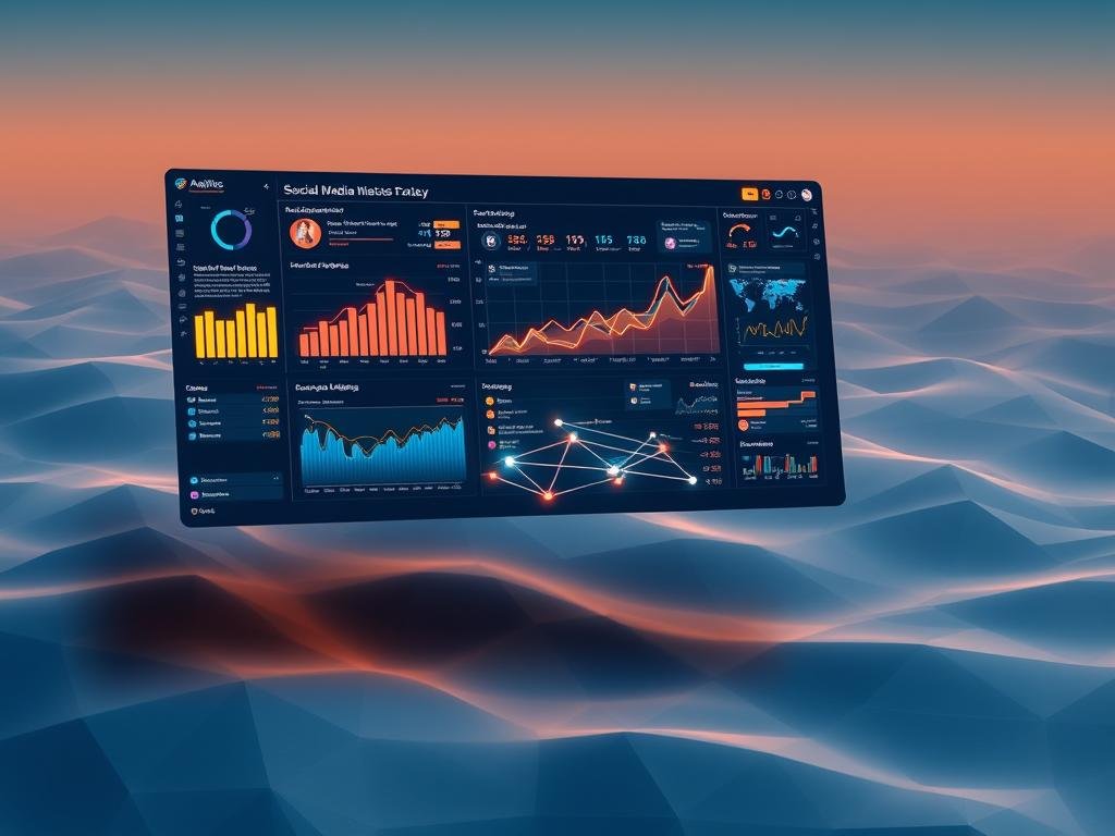 a sprawling data visualization dashboard floating in a serene digital landscape. in the foreground, a sleek interface with interactive charts, graphs, and analytics tools. glowing lines and shapes represent social media metrics, their patterns shifting and evolving. in the middle ground, a pulsing network of interconnected nodes and pathways, visualizing the flow of online conversations and engagements. the background is a tranquil expanse of soft-edged polygons in shades of blue and gray, creating a sense of depth and space. warm, directional lighting casts subtle shadows, enhancing the 3d effect. the overall mood is one of informed decision-making, strategic planning, and a calm, analytical approach to social media content strategy.