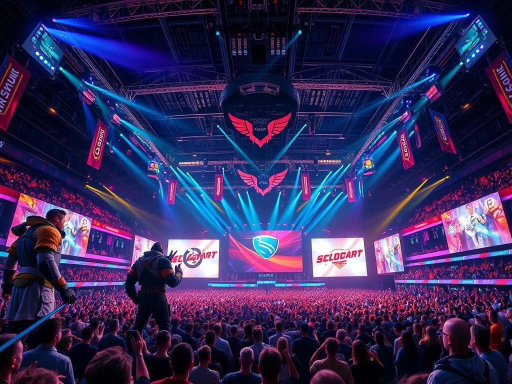 A sprawling esports arena, bathed in a vibrant mix of neon lights and dynamic spotlights. In the foreground, larger-than-life digital avatars from popular gaming titles - a heroic Dota 2 character, a futuristic Overwatch combatant, a cunning League of Legends champion - stand poised for epic battle. The middle ground showcases a crowd of passionate fans, their faces illuminated by the massive screens broadcasting the intense gaming action. Towering in the background, the iconic logos of esports giants like Counter-Strike, Rocket League, and Valorant loom, symbolizing the industry's rapid growth and mainstream appeal. The scene radiates an electrifying atmosphere of competition, entertainment, and the power of gaming to captivate global audiences.
