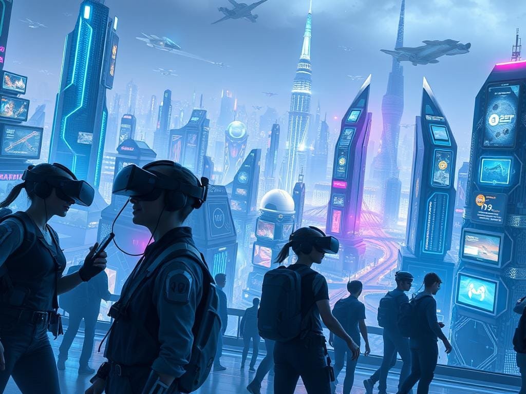 A sprawling, high-tech gaming metropolis set in the year 2050. In the foreground, a group of gamers in futuristic VR gear immersed in a hyper-realistic virtual world, their movements precisely tracked by advanced motion capture sensors. In the middle ground, towering holographic displays showcase the latest cutting-edge gaming hardware and software, their bright, neon-tinged interfaces pulsing with energy. In the background, a gleaming, crystalline skyline of towering skyscrapers and flying vehicles reflects the glow of next-generation lighting and display technologies. An atmosphere of boundless innovation, seamless interactivity, and limitless creative potential pervades the scene, hinting at the future of gaming.