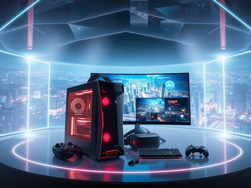 A sprawling holographic display showcases cutting-edge gaming hardware and peripherals. In the foreground, a sleek, angular gaming PC emits a soft glow, its transparent chassis revealing intricate components. Beside it, a futuristic VR headset and motion controllers hint at immersive gaming experiences. In the middle ground, a state-of-the-art gaming monitor displays a vivid, high-resolution scene, its bezels minimalist and clean. The background features a panoramic view of a vibrant, neon-infused cityscape, hinting at the global reach and scale of the gaming industry. Diffused lighting and a sense of depth create a captivating, technological atmosphere, reflecting the rapid evolution of gaming technology.