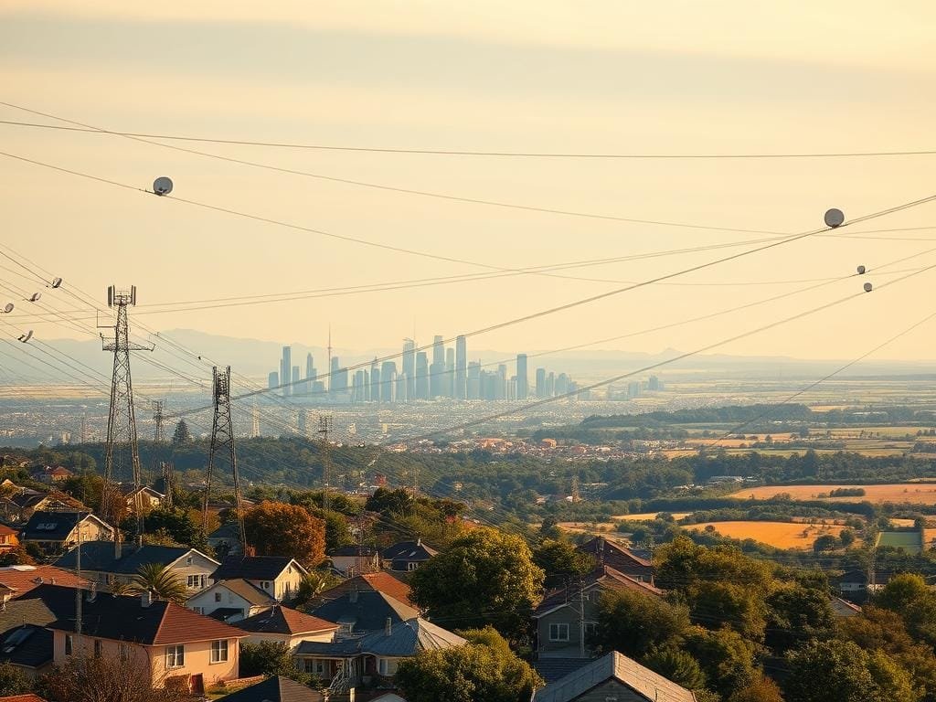 A sprawling network of fiber-optic cables, radio towers, and satellite dishes, stretching across a diverse landscape. The foreground features a neighborhood with houses and apartments, some with visible broadband connections. The middle ground shows a bustling city skyline, with skyscrapers and communication infrastructure. The background depicts a rural area, with rolling hills, forests, and farmland, all connected by a web of high-speed internet lines. The lighting is natural, with a warm, golden tone, creating a sense of accessibility and connectivity. The overall atmosphere conveys the ubiquity and importance of broadband access, essential for modern life and economic opportunity.