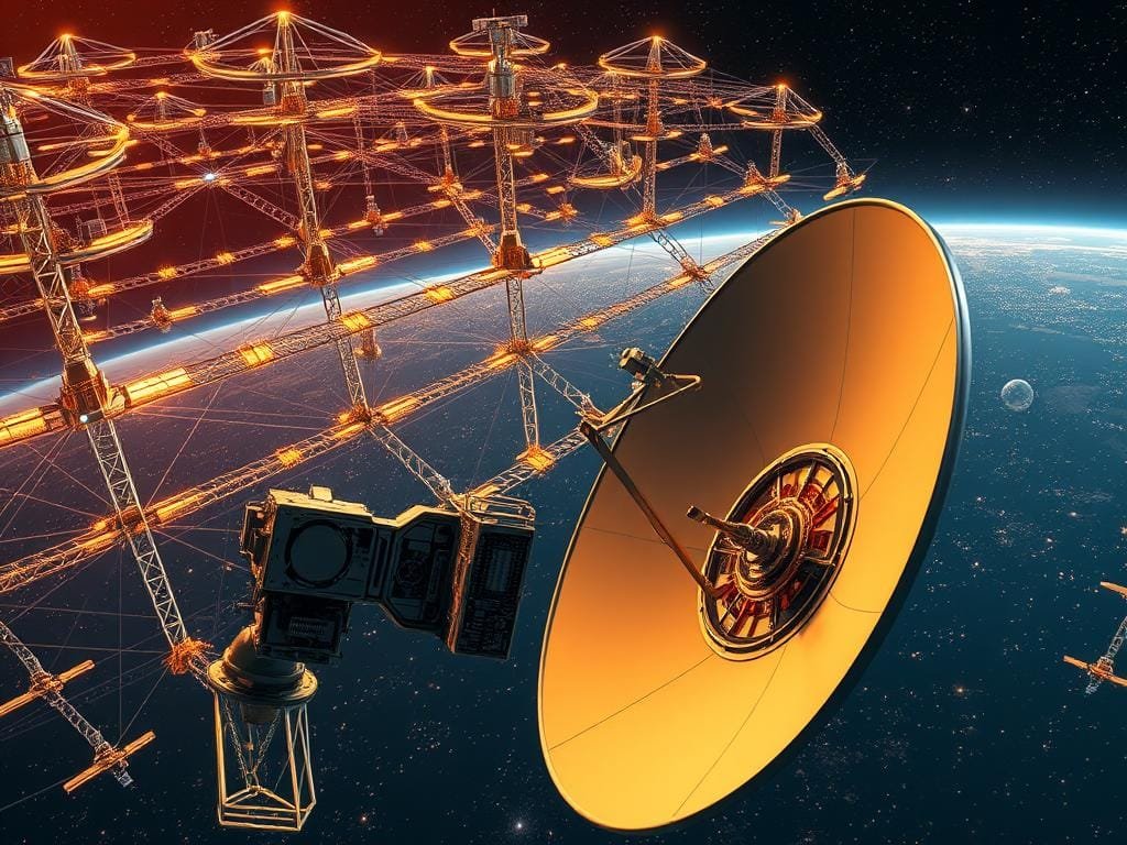 A sprawling satellite communication network, its intricate web of orbital stations and beaming transmitters illuminated by warm, golden light. In the foreground, a sleek, futuristic satellite dish antenna, capturing the signals from above. The middle ground features a cutaway view, revealing the inner workings of the satellite, its delicate electronics and cooling systems. In the background, a vast, star-studded expanse, hinting at the vastness of space and the global reach of this interconnected system. The scene conveys a sense of technological sophistication and the scientific marvel of modern satellite communication.