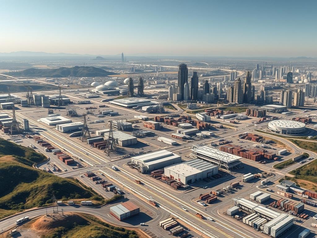 A sprawling supply chain network visualized in a stunning, photorealistic landscape. In the foreground, a complex web of interconnected nodes and lines representing the flow of goods, materials, and information across multiple industries. In the middle ground, large-scale warehouses, distribution centers, and transportation hubs, all operating in a seamless, synchronized manner. In the background, a panoramic view of a futuristic cityscape, with towering skyscrapers and advanced infrastructure, symbolizing the integration of blockchain technology into the fabric of the modern supply chain. Crisp, clear lighting illuminates the scene, casting long shadows and highlighting the intricate details. The overall mood is one of efficiency, transparency, and technological innovation.
