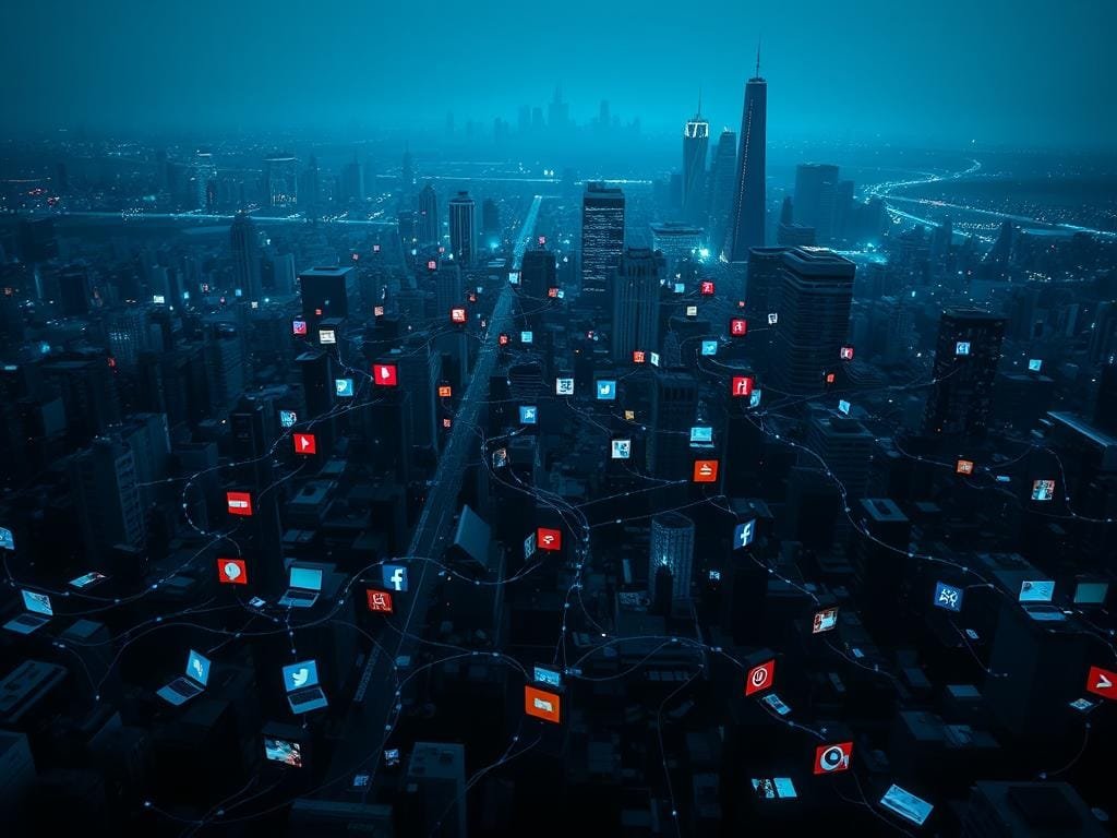 A sprawling, tangled web of interconnected social media networks, their logos and icons overlapping and intertwined, casting long shadows across a dimly lit cityscape. In the foreground, a jumbled mass of smartphones, laptops, and tablets, their screens flickering with endless streams of posts, likes, and shares. The middle ground is a hazy, blue-tinged landscape of server towers and data centers, pulsing with the constant flow of digital information. In the distance, the silhouettes of skyscrapers and high-rises, symbolic of the corporate entities that control and profit from these ubiquitous platforms. The overall atmosphere is one of complexity, clutter, and a sense of disconnection, hinting at the deeper issues plaguing our current social media landscape.