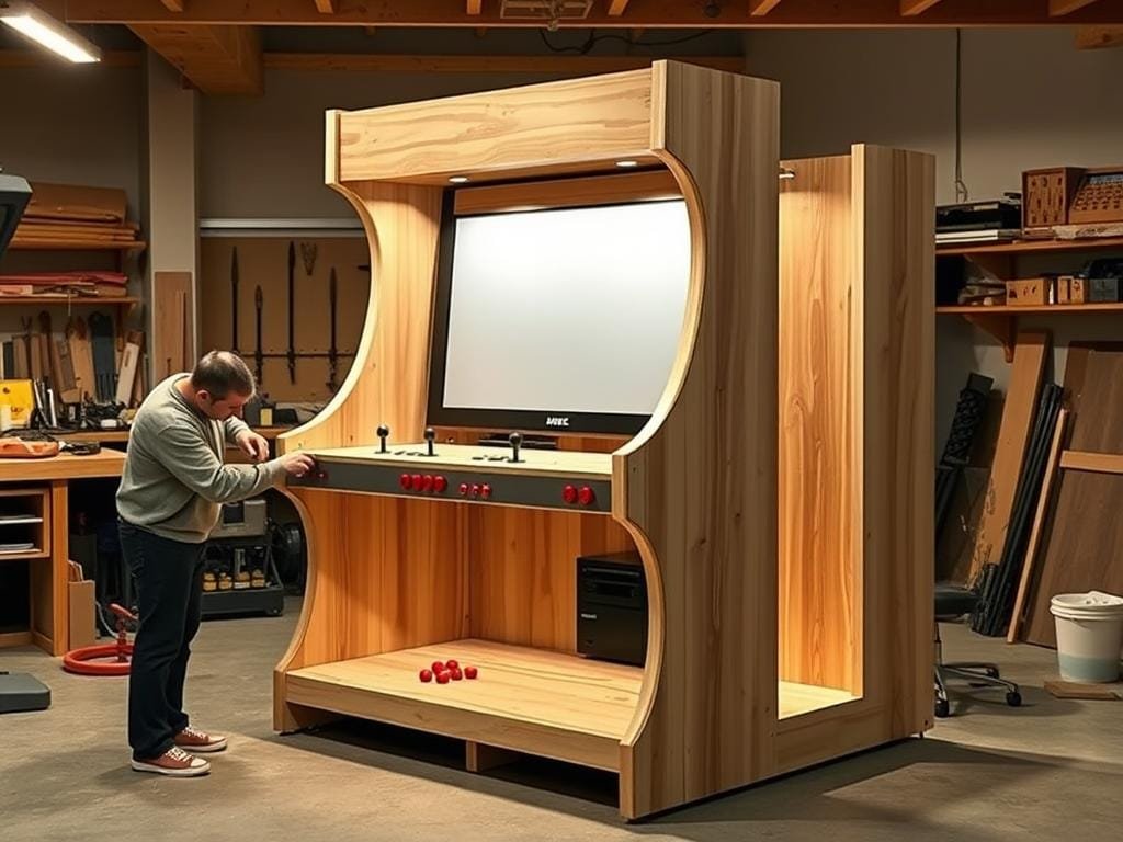 A sprawling wooden arcade cabinet stands in a well-lit workshop, its intricate frame and panels ready for assembly. Carefully arranged components like joysticks, buttons, and a high-resolution display await installation, hinting at the retro gaming experience to come. Warm task lighting casts a soft glow, as a skilled maker meticulously aligns the pieces, their hands moving with practiced precision. The cabinet's clean lines and vintage-inspired design evoke a sense of nostalgia, blending modern technology with the classic arcade aesthetic. A backdrop of neatly organized tools and materials suggests a workspace dedicated to breathing new life into vintage gaming hardware.