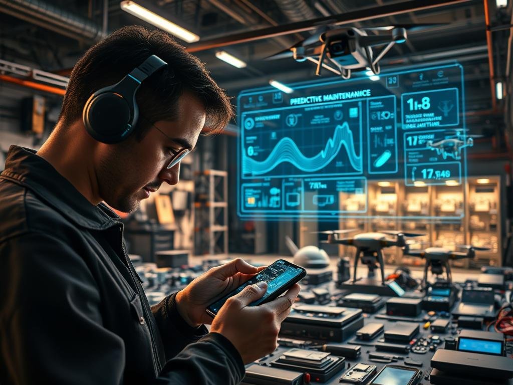 a state-of-the-art repair workshop filled with a variety of electronic gadgets and devices. in the foreground, a technician diligently examines the inner workings of a smartphone, utilizing specialized diagnostic tools and sensors to monitor its performance. the middle ground showcases a large, holographic display projecting real-time data and predictive maintenance algorithms, providing insights into the gadgets' health and anticipated issues. in the background, a fleet of autonomous repair drones hover, ready to perform automated maintenance and repairs as needed. the lighting is a warm, technical blend of task-oriented spotlights and subtle ambient illumination, creating a focused and efficient atmosphere. the overall scene conveys the seamless integration of ai-powered predictive maintenance within a modern, high-tech gadget repair facility.