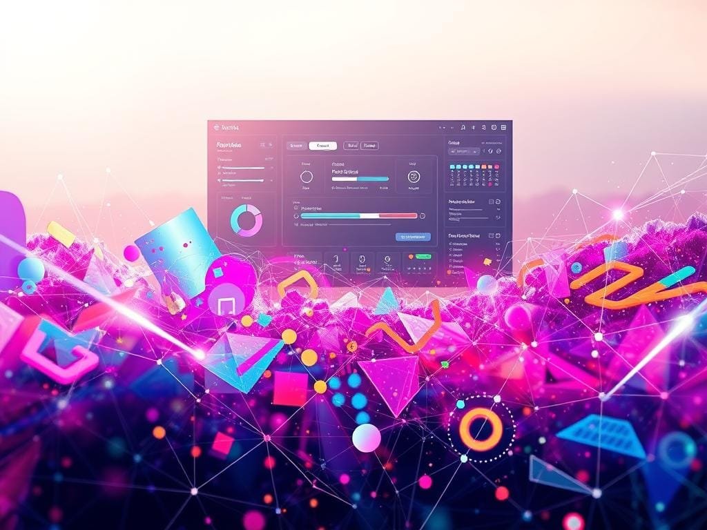 A stunning digital artwork depicting the intricate interplay of technology and creativity. In the foreground, a vibrant array of abstract shapes and geometric patterns, their vivid colors and fluid movements suggesting the dynamic nature of digital artistry. In the middle ground, a sleek, minimalist interface with intuitive controls, hinting at the powerful tools available to modern digital artists. The background is a soft, ethereal gradient, casting a warm, ambient glow and creating a sense of depth and immersion. Soft, directional lighting highlights the dimensional qualities of the digital elements, while a subtle lens flare adds a touch of cinematic flair. The overall mood is one of innovation, exploration, and the boundless potential of AI-powered creative expression.