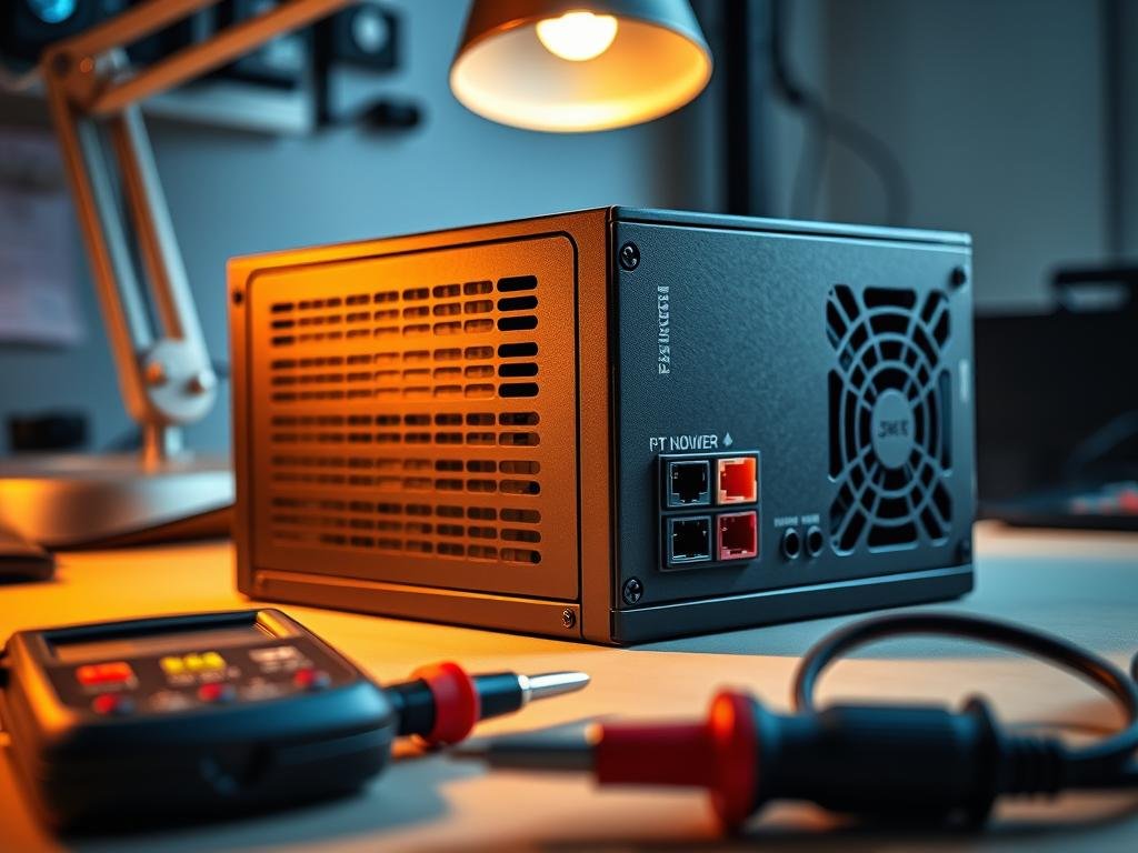 a sturdy, reliable power supply unit sits atop a clean, organized workbench. sleek metal casing in a matte black finish reflects the warm glow of a task lamp, casting dramatic shadows. the power connectors protrude from the rear, neatly organized and ready to power a high-performance pc. in the foreground, a multimeter and screwdrivers hint at the technical nature of the task at hand. the background is blurred, keeping the focus on the power supply as the central subject. the overall mood is one of precision, professionalism, and the importance of a dependable power source for mission-critical computing tasks.