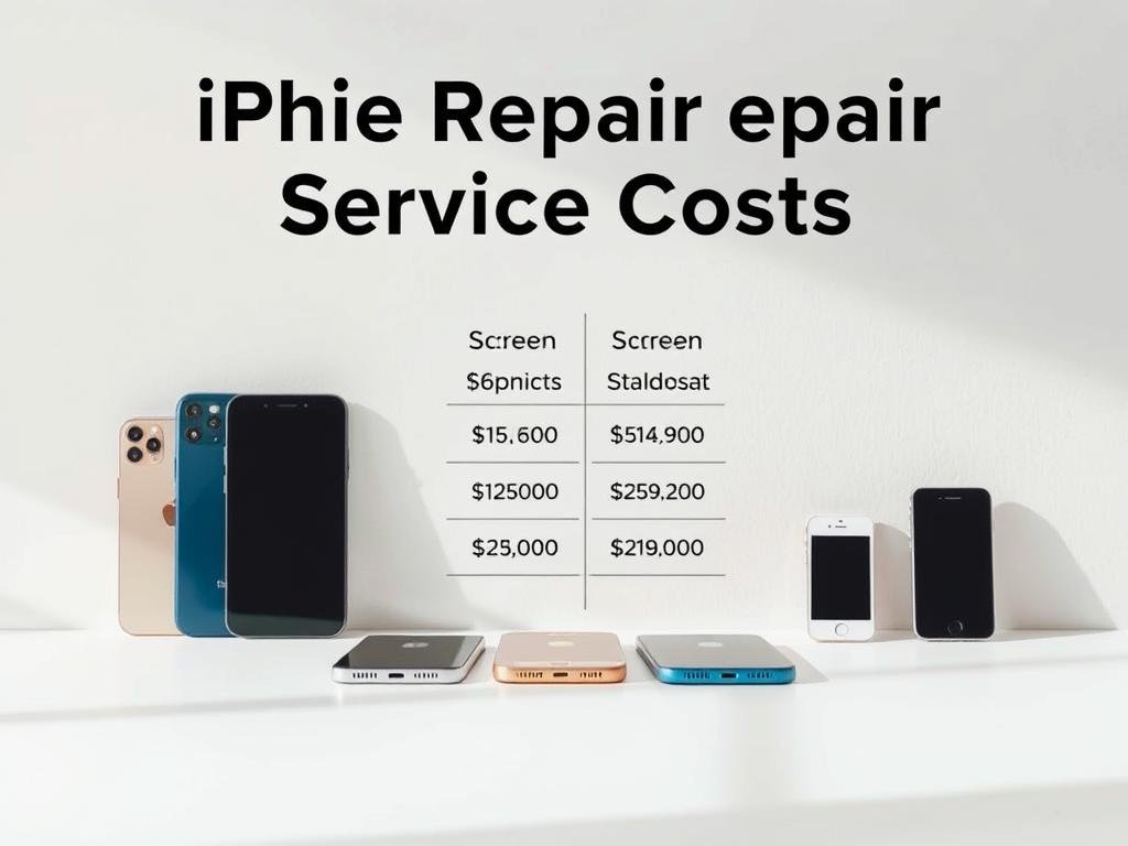 a stylized comparison of iphone repair service costs, showcasing a neatly arranged display of various iphone models against a clean, minimalist background. the foreground features a selection of iphone devices in different colors, positioned as if on a countertop or display shelf, casting subtle shadows. the middle ground depicts a series of price tags or cost estimates for common iphone repair services, such as screen replacement, battery swap, and port repair, presented in a clear and organized manner. the background is a soft, muted color palette, creating a sense of professionalism and attention to detail. lighting is crisp and directional, highlighting the devices and repair cost information. the overall composition conveys a helpful, informative, and visually appealing representation of iphone repair service pricing.