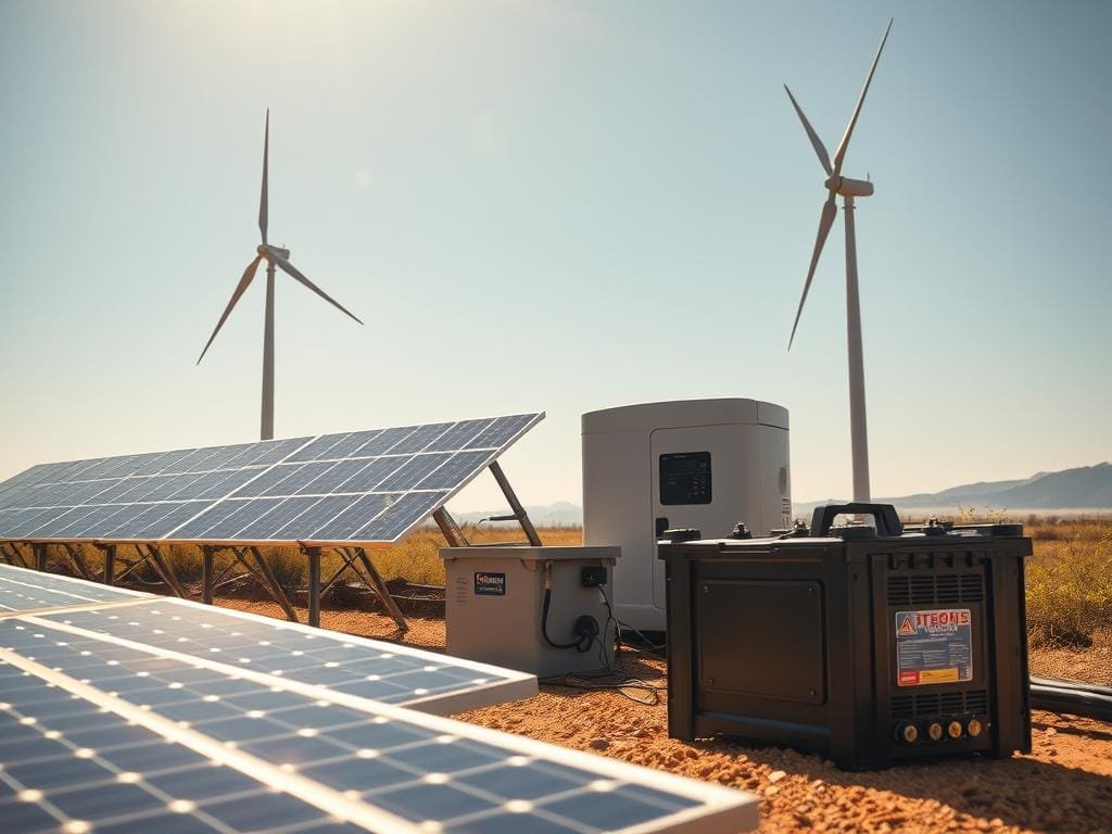 A sun-drenched tableau of off-grid solar power components, precisely engineered to harness the boundless energy of the sun. In the foreground, sleek monocrystalline solar panels glisten, their efficient cells capturing photons and converting them into clean, renewable electricity. Beside them, a robust charge controller regulates the flow of power, ensuring optimal performance. In the middle ground, a rugged deep-cycle battery bank stands ready to store the harvested energy, while an inverter transforms the direct current into household alternating current. In the background, a towering wind turbine spins gracefully, complementing the solar array and contributing to the integrated off-grid system. The scene radiates a sense of self-sufficiency, a harmonious interplay of advanced technology and the untamed forces of nature.