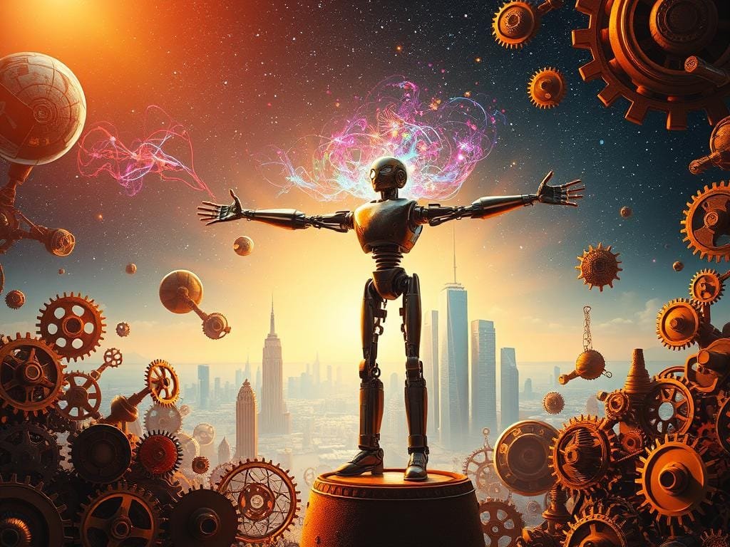 A surreal landscape of gears, cogs, and mechanical elements, bathed in a warm, ethereal glow. In the foreground, a towering robotic figure stands with outstretched arms, its metallic form radiating a sense of creative energy. Wisps of colorful energy swirl around it, hinting at the fusion of technology and imagination. The middle ground features a dreamlike cityscape, with skyscrapers and structures that seem to bend and twist, defying conventional architecture. In the background, a starry night sky creates a sense of vastness and the infinite potential of the digital realm. The overall atmosphere conveys the notion of AI-driven creativity, where the boundaries between machine and art are blurred, and the impossible becomes possible.